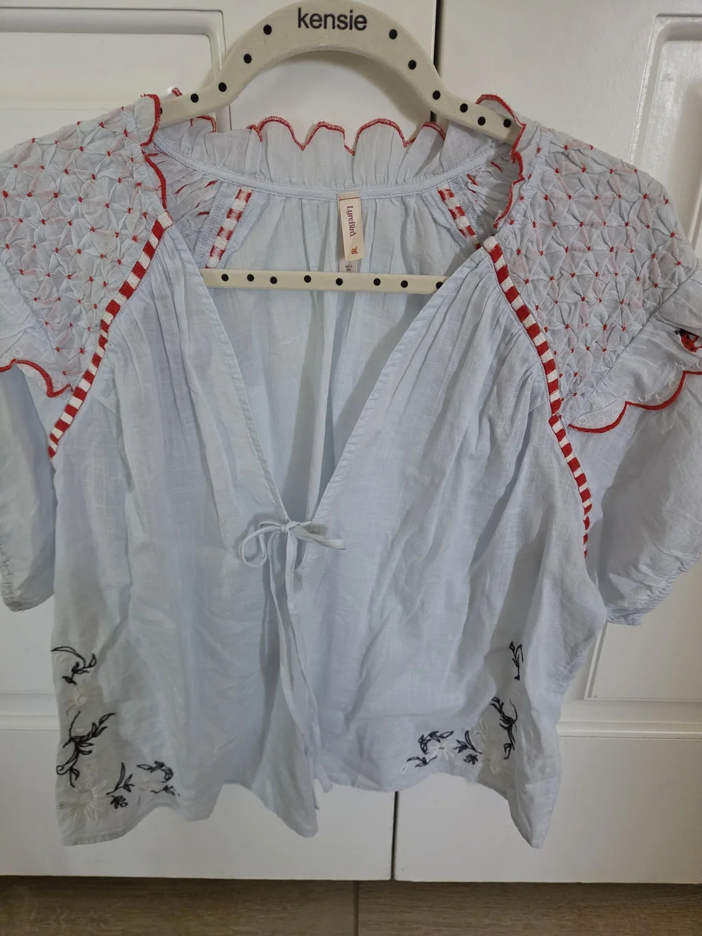 Anthropologie White Puff-Sleeve Top with Red Trim
